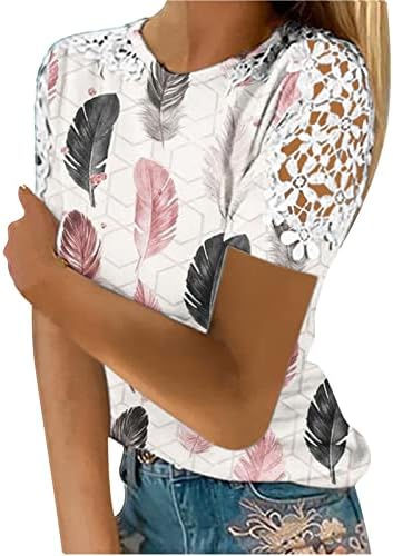 Kadınlar için yaz Üstleri 2023 Moda baskılı tişört Dantel Kısa Kollu Bluz Yuvarlak Boyun Casual Tops