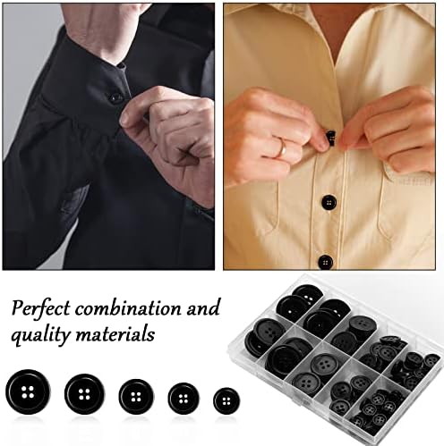 100 Adet Premium siyah dikiş düğmeleri, reçine 4 delikli zanaat düğmeleri Yuvarlak 5 boyutları karışık dikiş düğmeleri Dikiş takım