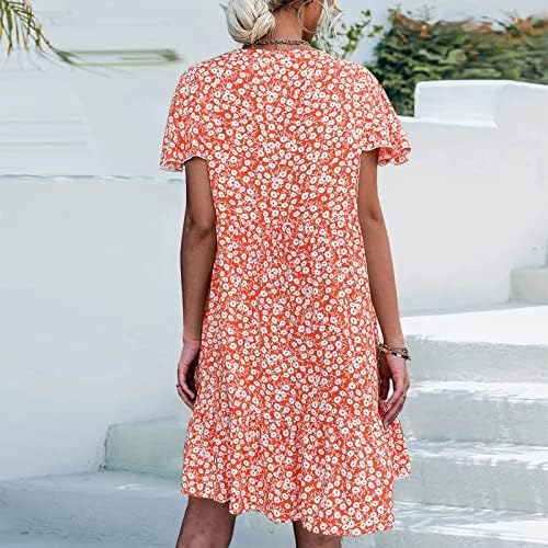 Fragarn Bayan Resort Giyim Elbiseler, moda Bayan Gevşek Yaz Tek Göğüslü V Yaka Çiçek Kısa Kollu Elbise