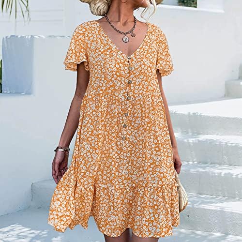 Fragarn Bayan Resort Giyim Elbiseler, moda Bayan Gevşek Yaz Tek Göğüslü V Yaka Çiçek Kısa Kollu Elbise