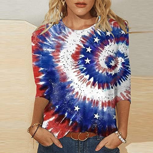 4th Temmuz Gömlek Kadınlar için Amerikan Bayrağı Yaz 3/4 Kollu Crewneck T Shirt Üç Çeyrek Kollu Tatil Rahat Bluzlar