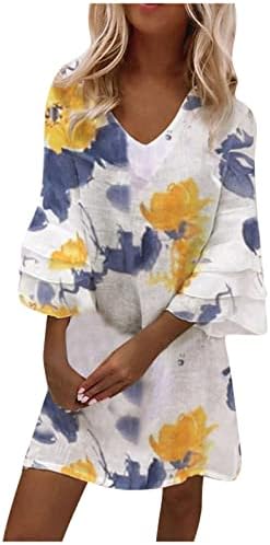 Kadınlar için Elbise, Rahat 3/4 Kollu V Boyun Çiçek Mini Elbise 2023 Yaz Vintage Eklenmiş Gevşek Tunik Elbiseler