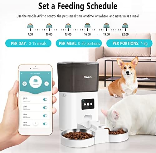 Mavpet 6L Otomatik Kedi Besleyici, 2.4 G WiFi Akıllı Kuru Gıda Dağıtıcısı, İki Paslanmaz Çelik Kase ve Yemek Bölücülü Çıkarılabilir