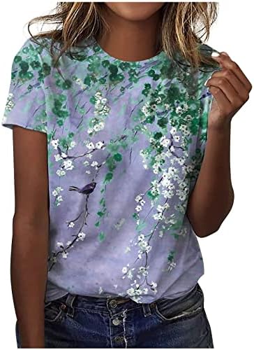 Kadınlar için bahar Üstleri Şık Rahat yazlık gömlek Kısa Kollu Crewneck Çiçek Dalları Baskı Genç Kızlar Temel Tees