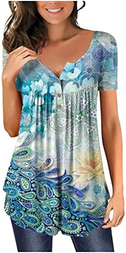 Kadın Üstleri Moda 2023 Gizlemek Göbek Tunik Çiçek Baskılı Üstleri V Yaka Düğmeler Yaz kısa kollu tişört Rahat Şık Bluz