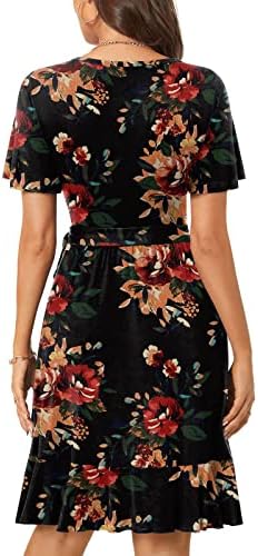 HCJKDU yaz elbisesi Kadınlar için Yuvarlak Boyun Kısa Kollu Kravat Bel Çiçek Elbise Rahat Gevşek Dökümlü Salıncak Ruffles Mini Elbiseler