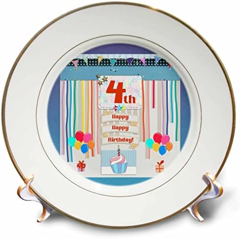 4. Doğum Günü Etiketinin 3dRose Görüntüsü, Kek, Mum, Balonlar, Hediyeler, Flamalar - Tabaklar (cp_359164_1)