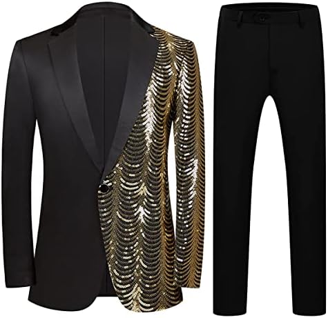 KUDMOL Erkek 2 Parça Takım Elbise Slim Fit Pullu Parlak Bir Düğme Smokin Siyah Pullu Ceket Pantolon Setleri Düğün Parti Balo