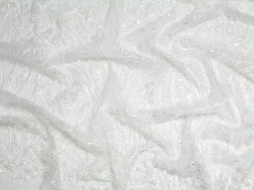Minerva Boncuklu İşlemeli Tül Dantel Kumaş Beyaz-Metre Başına