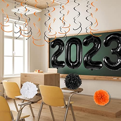 Adurself 2023 Mezuniyet Partisi Dekorasyon Seti, 40 inç Siyah 2023 Folyo Balonlar Turuncu Siyah Asılı Girdaplar Kağıt Mendil Ponponlar