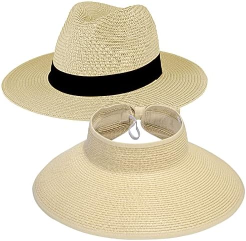 2 Paket güneş şapkaları Bayan Geniş Ağızlı Hasır Panama Şapka Fedora Yaz Plaj güneş şapkası UPF 50 + kadın Hasır Vizör