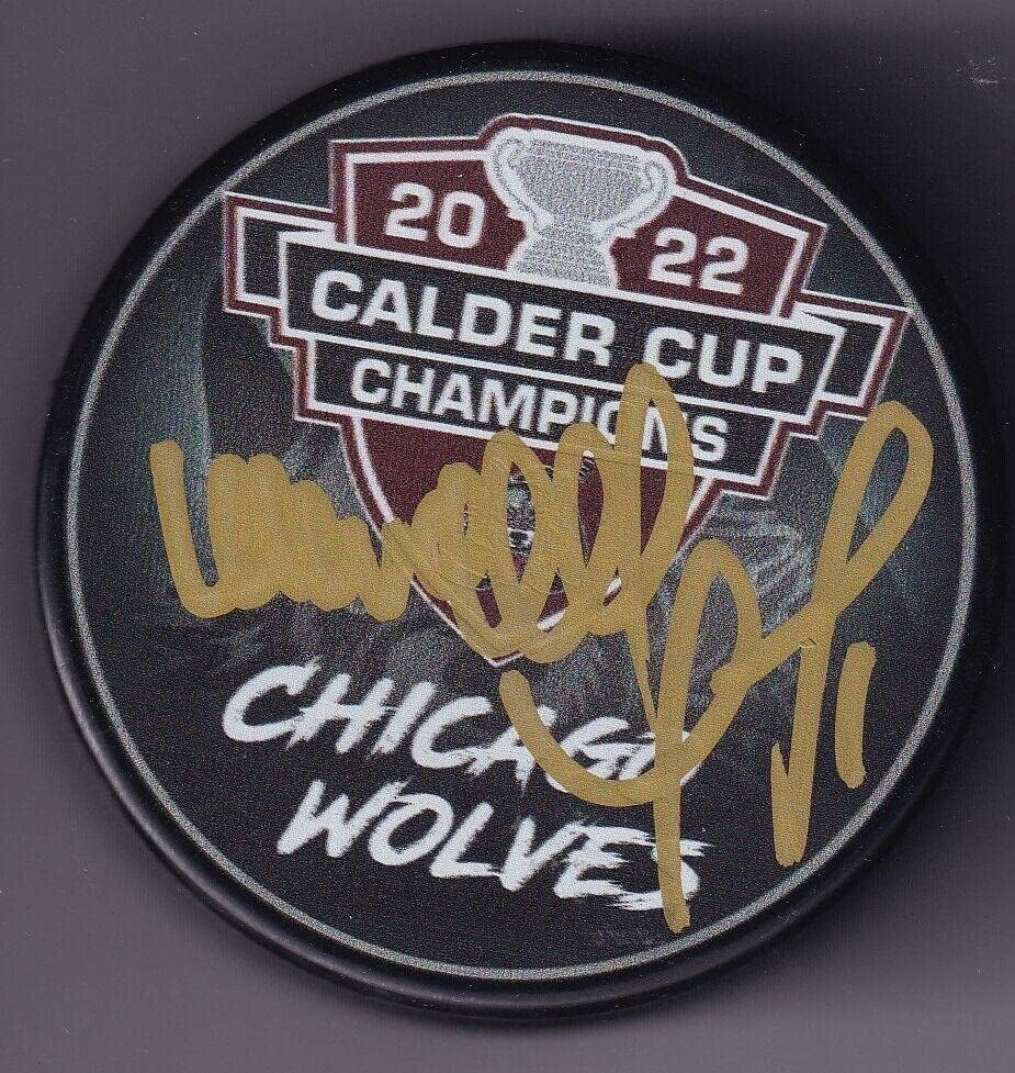 WENDELL YOUNG imzaladı (CHİCAGO WOLVES) 2022 CALDER KUPASI ŞAMPİYONLARI diski W/COA 1-İmzalı NHL Diskleri