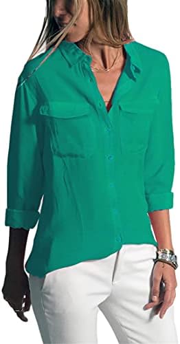 Andongnywell kadın Casual Yaka Gömlek V Boyun Uzun Kollu Gevşek Rahat Cepler ile Ön Düğme Bluz