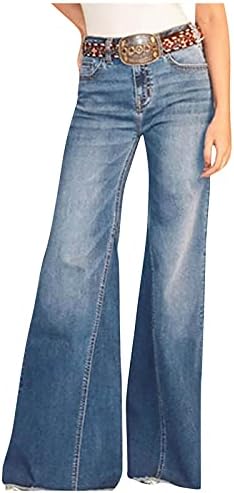 Nyybw Yıkama Denim Geniş Moda Bacak Renk Pantolon kadın Bel Katı Yüksek Pantolon Artı Boyutu Pantolon Egzersiz (Koyu Mavi, L)