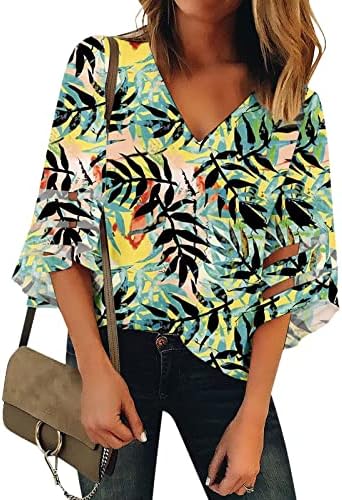 Amıkadom V Boyun Kare Boyun T Shirt Genç Kız 3/4 Çan Kollu Colorblock Plaj Cut Out Hawaiian Örgü Bluz T Shirt Bayan
