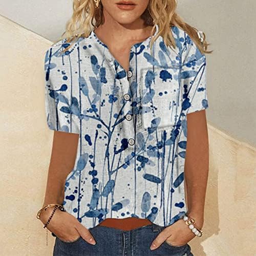 Yaz T Shirt Kadın Kısa Kollu Moda Rahat Moda Çiçek baskılı tişört Gömlek Düğmesi Yaka Bayanlar