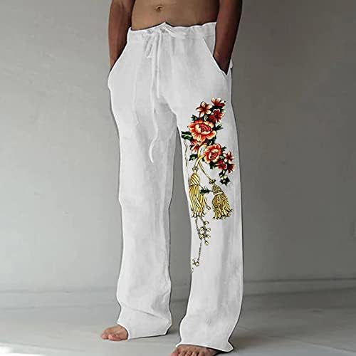DuDubaby Yoga Pantolon Erkek Pamuk Keten Baskılı İpli Rahat Gevşek Rahat Pantolon Pantolon