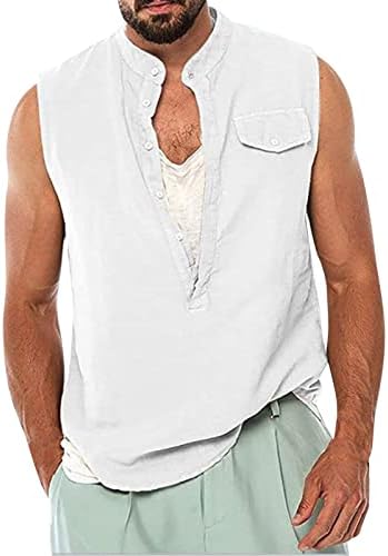 Erkekler Pamuk Keten Tankı Üstleri 2023 Yaz Rahat Egzersiz T Shirt Kolsuz V Boyun Yelekler Düğme Tank Top Rahat Gevşek Bluzlar
