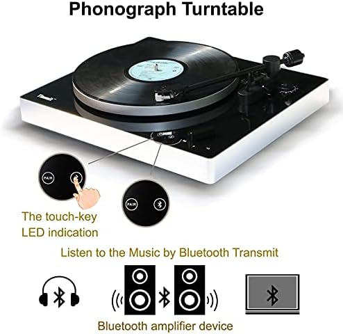 Timmit Turntable Vinil Plak Çalar Bluetooth Verici ve USB'den PC'ye Kayıt, Kaymayı Önleyici, Kayış İletimi,2 Hız, Kumaş Toz Kapağı,