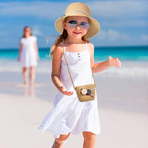 2 Takım Kızlar Hasır Şapka Çocuk Yaz plaj şapkaları Hasır Dokuma Çanta Açık Hava Etkinlikleri için Haki, Bej