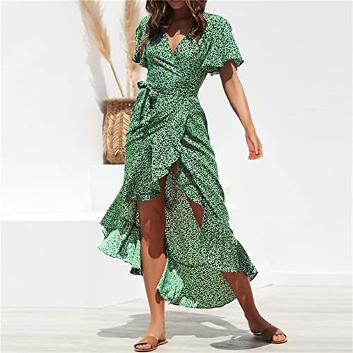 Nyybw kadın Yaz Wrap V Boyun Kısa Kollu Polka Dot Baskı Fırfır Çiçek Flowy Fırfır Midi Elbiseler ile Kemer (Yeşil, S)