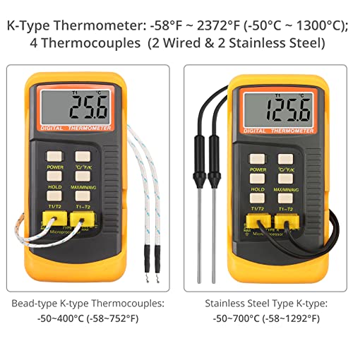 Proster Dijital Termometre K Tipi 2 Kanal Sıcaklık Probları 4 Termokupl Sıcaklık Ölçer-50~1155°C Endüstriyel ve Ev Kullanımı için
