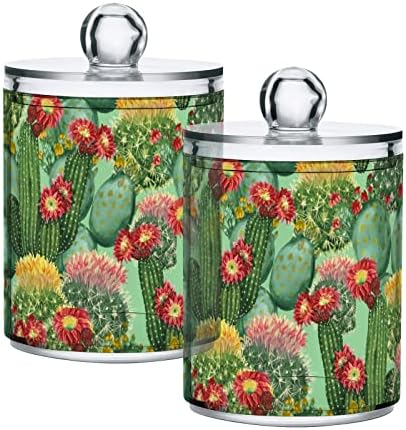 YYZZH Suluboya Kaktüs İle Renkli Çiçek Üzerinde Yeşil 2 Paket Qtip Tutucu Dağıtıcı için pamuklu çubuk Topu Yuvarlak Pedleri İpi 10