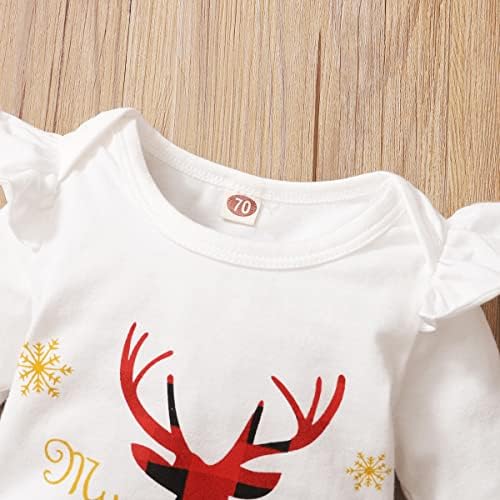 SOBOWO Bebek Kız Noel Kıyafetleri Fırfır Uzun Kollu Romper Ekose Etek Bandı 3 Adet Noel Giyim Seti