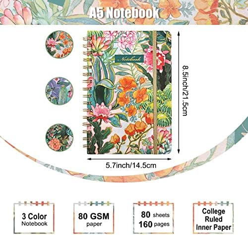 EOOUT 3 Paketi spiral defter Dergiler için Kadın Koleji Regle Dizüstü, 6 x 8.5, 3 Çiçek Tasarımları, 160 Sayfa, Arka Cep, Öğrenciler