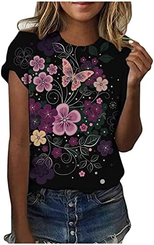 T Shirt Kadınlar için Rahat Kelebek Çiçek Baskılı Yaz Kısa Kollu Yuvarlak Boyun Kazak Bluz Tee Gömlek Tops