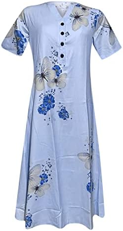 NOKMOPO düğün elbisesi Çiçek Baskı Kısa Kollu Midi Elbise Rahat V Boyun Düğme Cepler Uzun Plaj