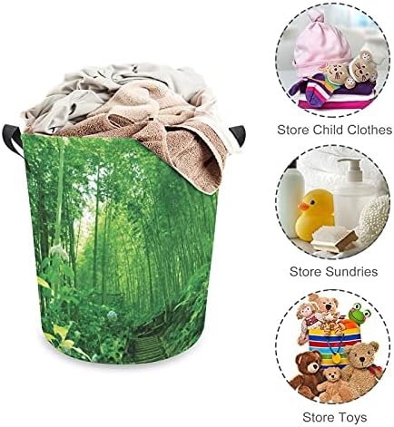 FoDuoDuo çamaşır sepeti Yeşil Doğal Manzaralı Bambu Çiçekler Kulplu çamaşır sepeti Katlanabilir Sepet Kirli giysi saklama Çantası Yatak