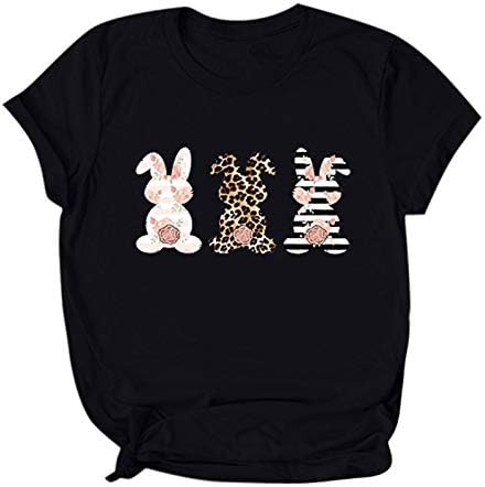 Paskalya Tshirt Kadınlar için Genç Kız Çiçek Leopar Çizgili Tavşan Grafik Tees Casual O-Boyun Kısa Kollu Gömlek Hediye