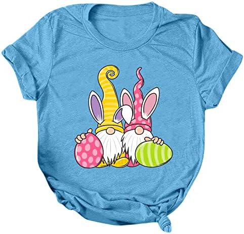 Gevşek Fit Paskalya T Shirt Kadınlar için Komik Sevimli Cüceler Yumurta Baskılı T Shirt Rahat Yuvarlak Boyun Kısa Kollu Grafik Tees