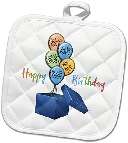 3dRose Doğum günün kutlu olsun. Oyuncak balonlu ve müzikli mavi bir hediye kutusu. - Tutacaklar (phl-365700-1)