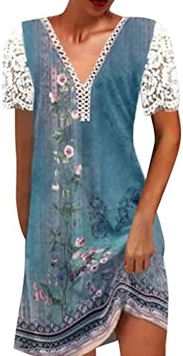 Kadınlar için yaz Elbiseler Dantel Kısa Kollu V Boyun Çiçek Baskı Orta Elbise Gevşek Etnik tatil elbisesi