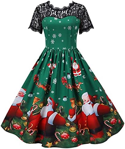 Noel Dantel Elbise Kadınlar için Kısa Kollu Rahat Çay Elbiseler Santa Baskılı Elbise Kokteyl Parti Salıncak Elbiseler